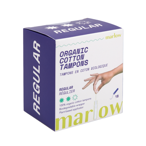 Box of Marlow organic cotton tampons on a blue background